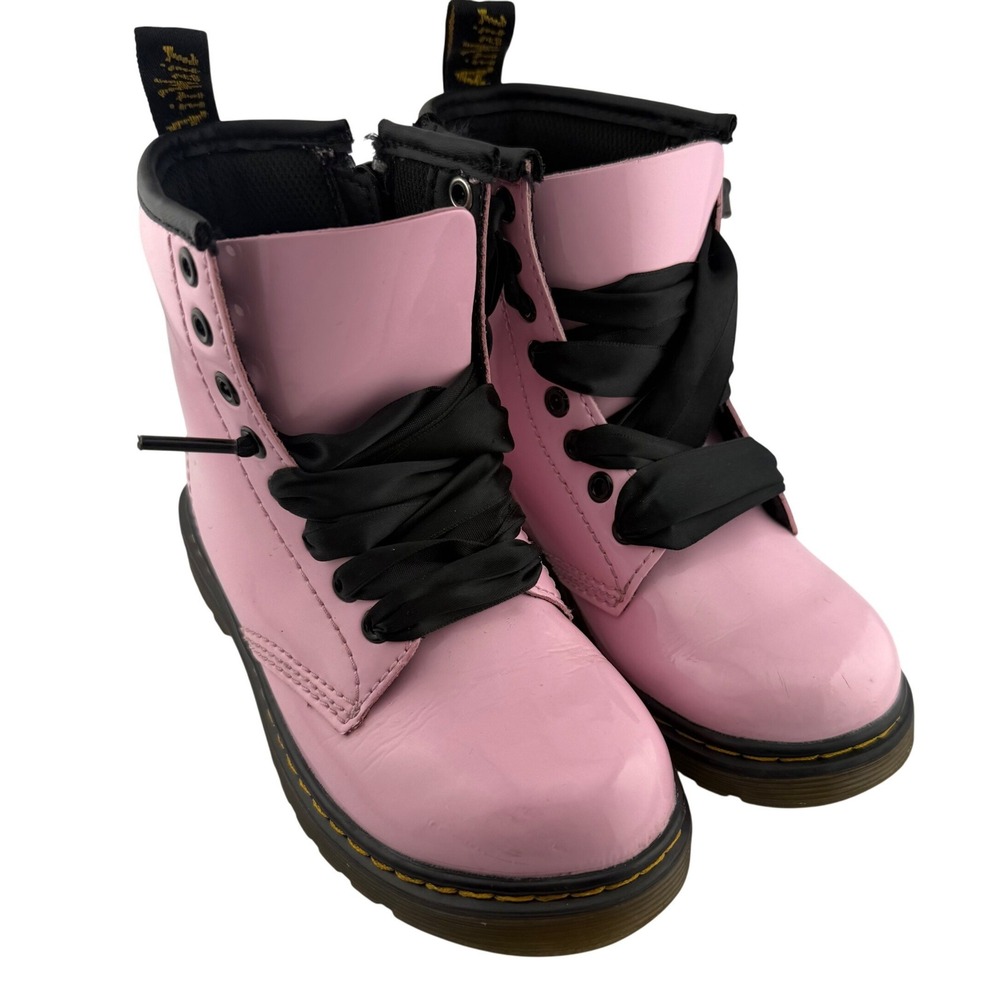 Dr. Martens Delaney Boots Kids Size 11 UK 10 US Pink Patent Ribbon Lace Zip - Picture 1 of 11